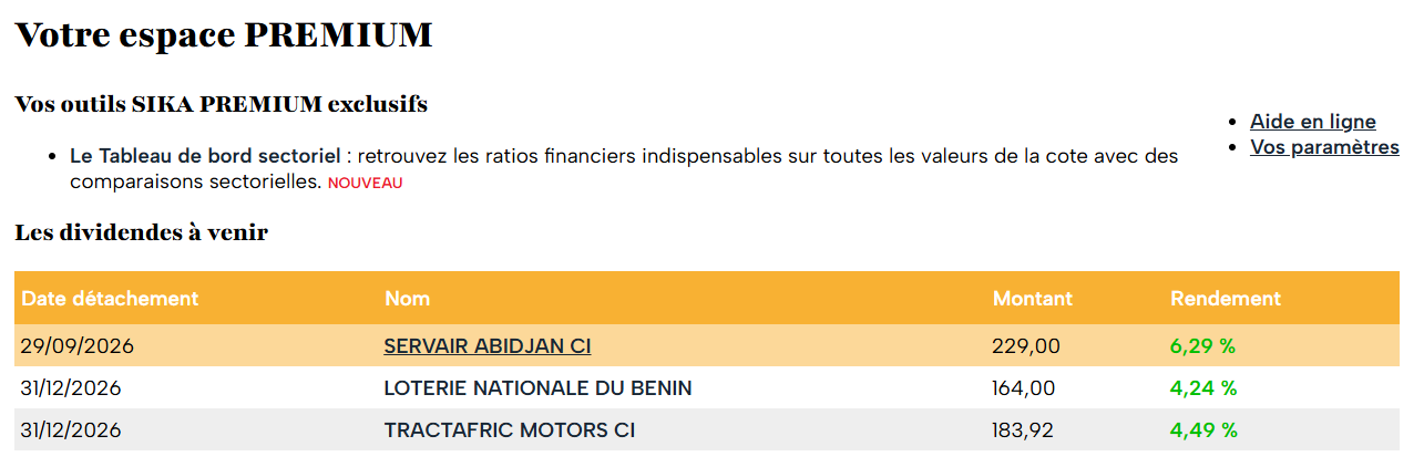 Haut de l'espace Premium : outils exclusifs, liens Aide en ligne et Vos paramètres, tableau des dividendes à venir